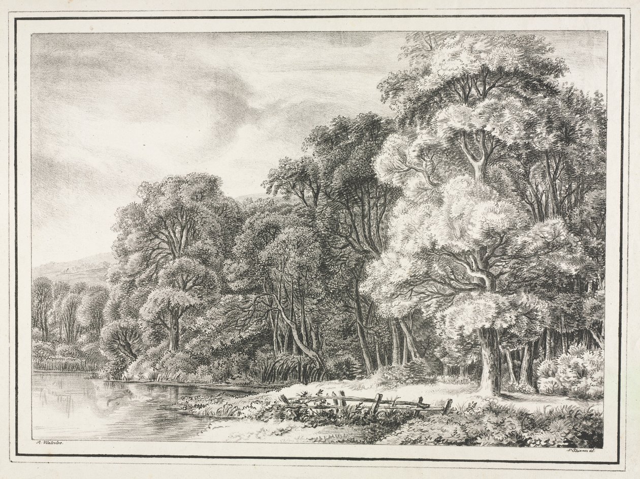 Boslandschap met meer door Johann Nepomuk Strixner
