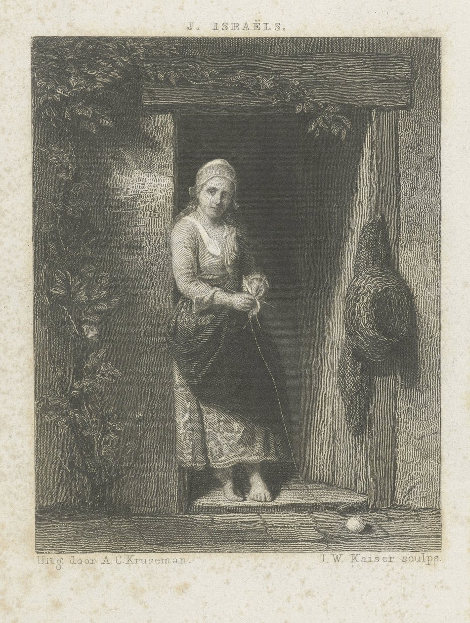 Jonge vrouw met breiwerk door Johann Wilhelm Kaiser (I)