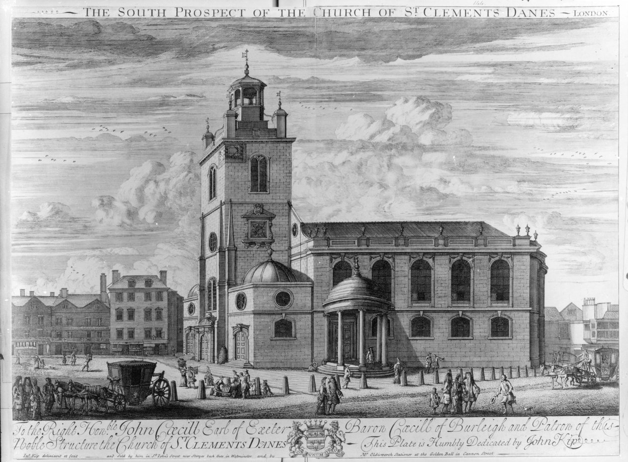 Het zuidelijke uitzicht van de kerk van St. Clements Danes, Londen door Johannes Kip