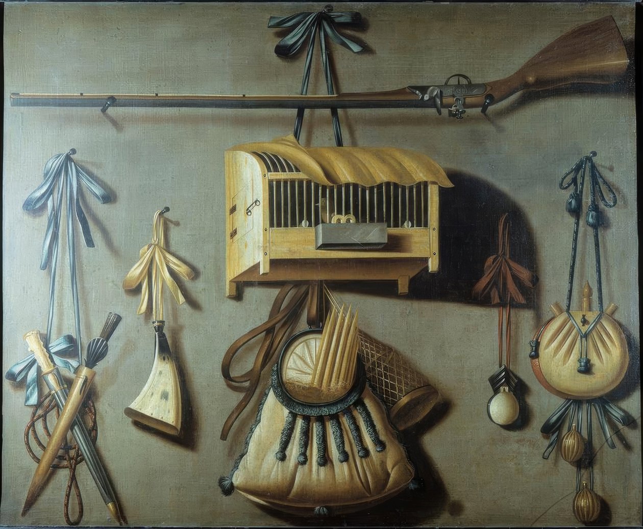 Stilleven met jachtgerei door Johannes Leemans
