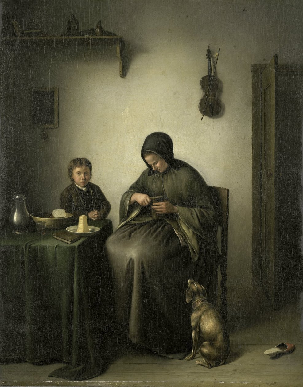 Een vrouw snijdt brood door Johannes Christiaan Janson