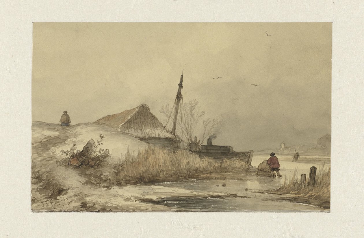 Winterlandschap met boerderij aan sloot door Johannes Franciscus Hoppenbrouwers