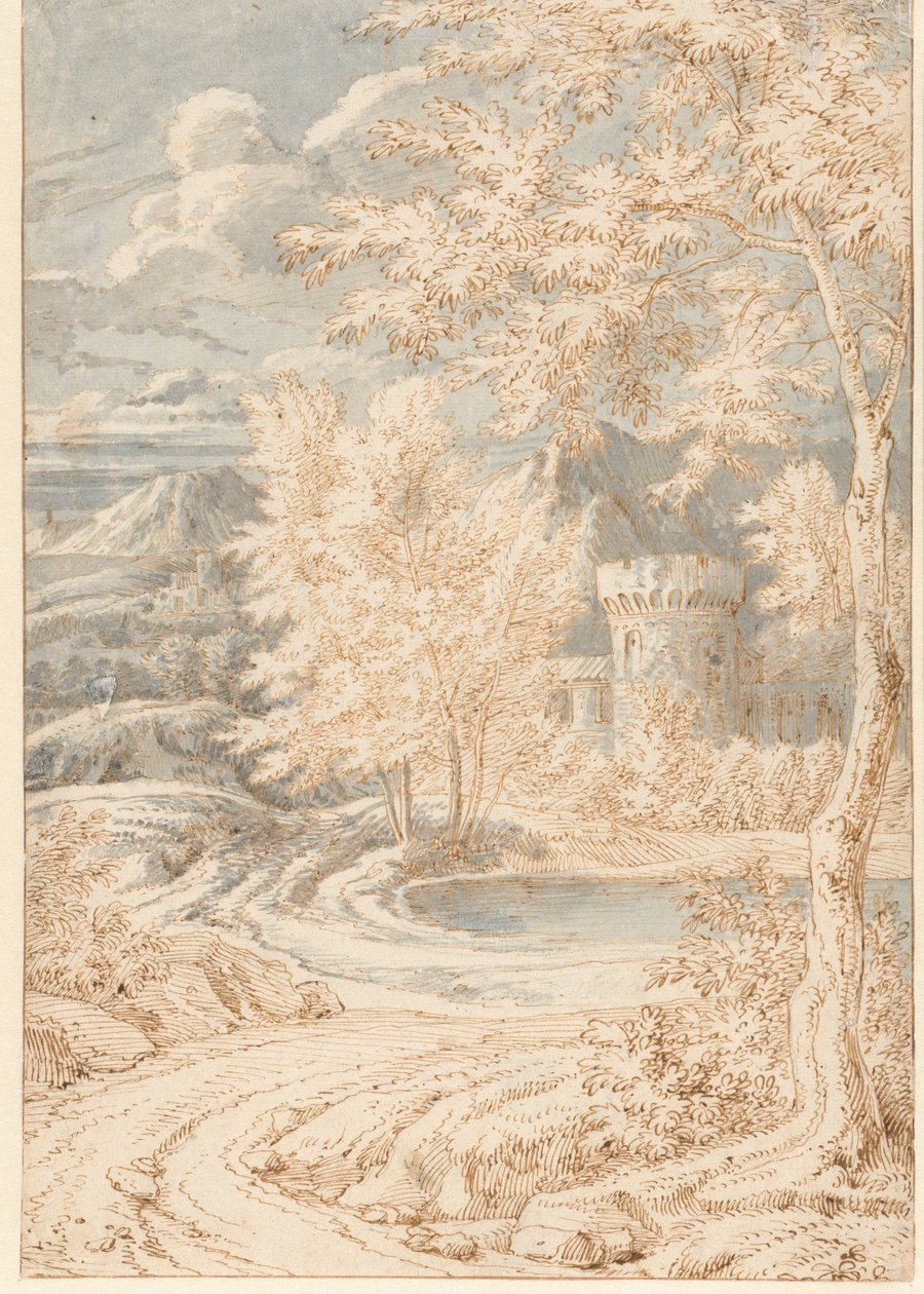 Arcadisch berglandschap met een ronde toren door Johannes Glauber