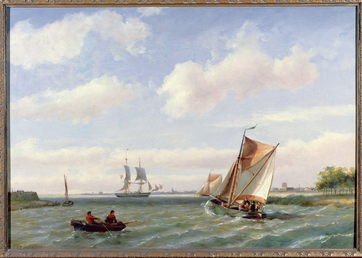 Vissersboot in een riviermonding door Johannes Hermann Barend Koekkoek