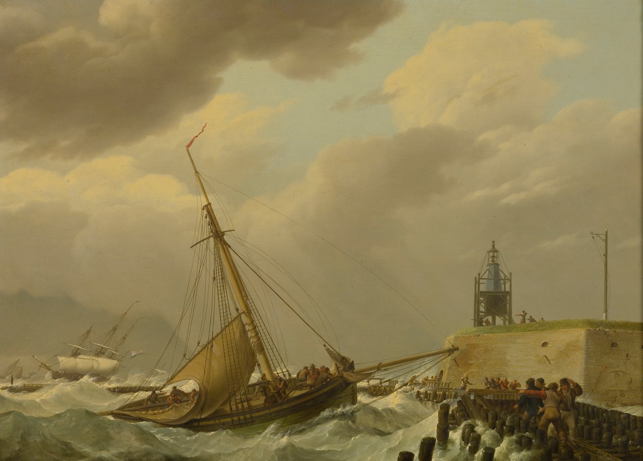 Schepen in stormachtige zeeën door Johannes Hermanus Koekkoek
