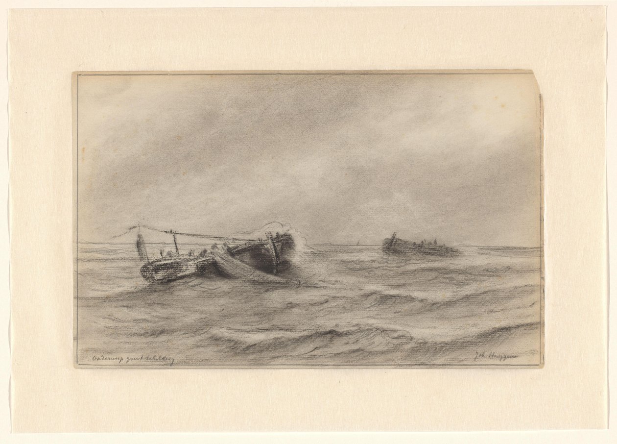 Vissersschepen op zee door Johannes Huygens (signed by artist)