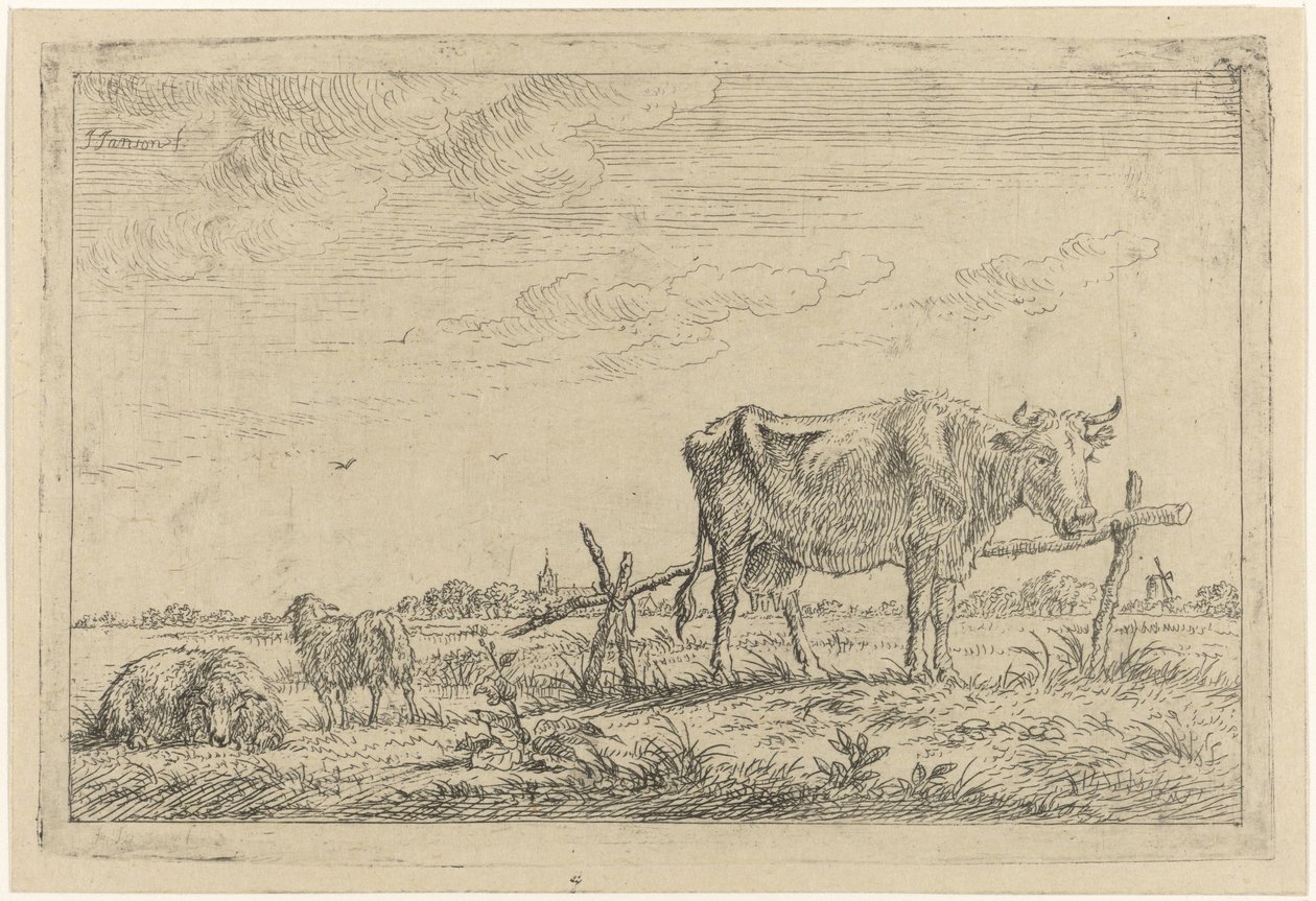 Weiland met koe en schapen door Johannes Janson