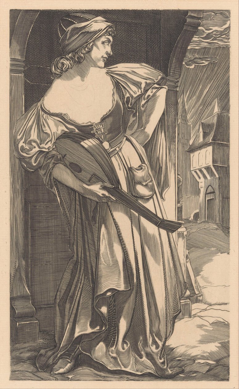 Vrouw met luit op straat door Johannes Josephus Aarts