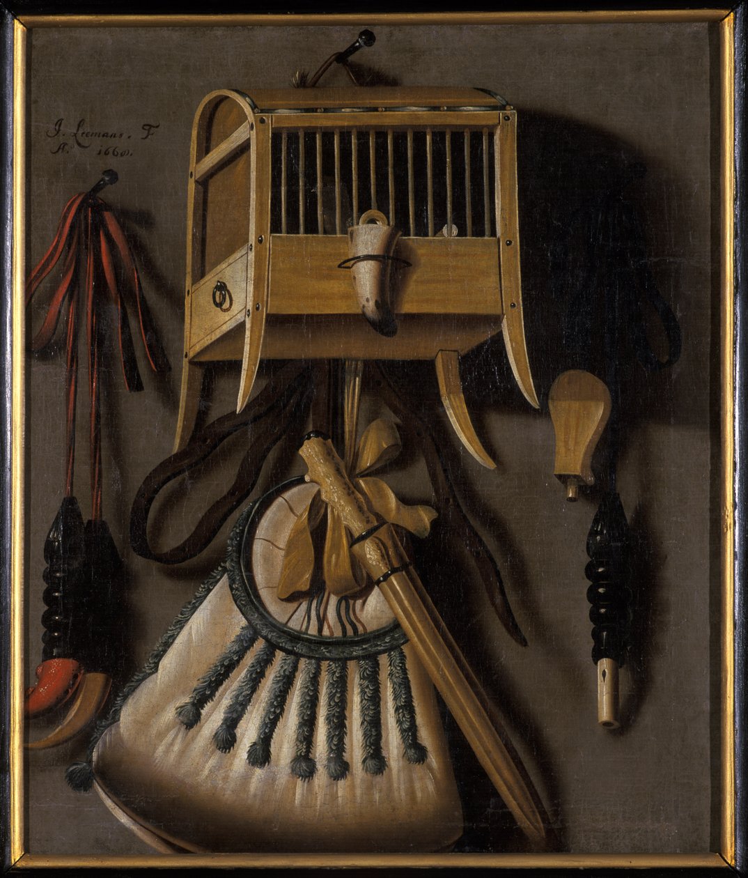 Stilleven met vogelvangstuitrusting, 1660 door Johannes Leemans