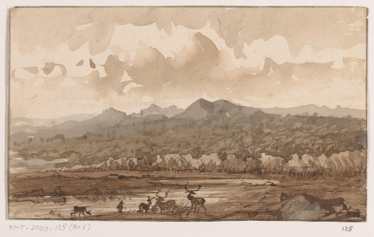 Berglandschap met herten door Johannes Tavenraat (signed by artist)