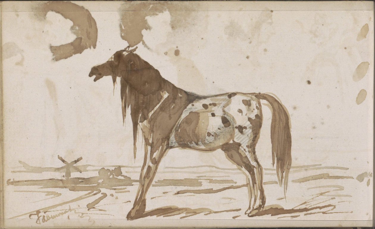 Vlak landschap met een paard door Johannes Tavenraat