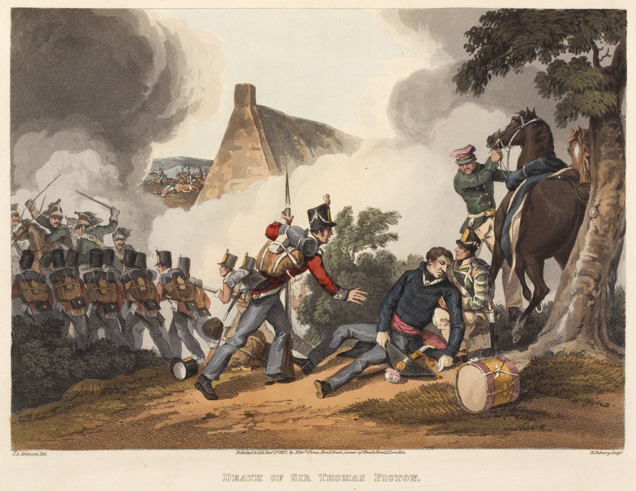 Dood van Sir Thomas Picton, gegraveerd door M. Dubourg, 1819 (gekleurde aquatint) door John Augustus Atkinson