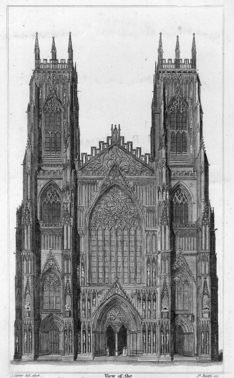 Uitzicht op de westelijke gevel van de kathedraal van York, gegraveerd door James Basire II, 1806 door John Carter