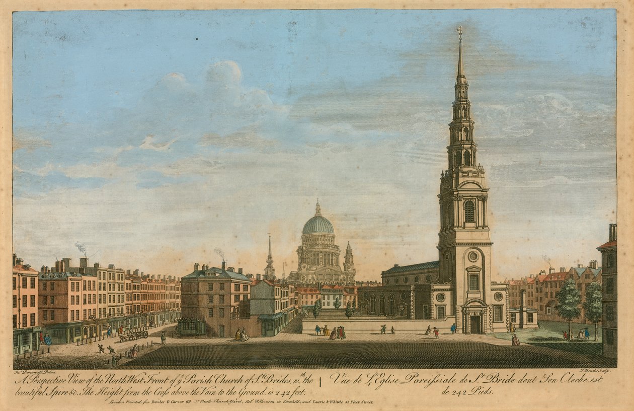 Een perspectief van de noordwestelijke voorkant van de parochiekerk van St Brides met de prachtige torenspits door John Donowell