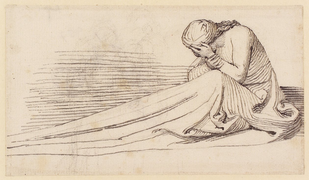 Zittende vrouwelijke figuur in lange draperie, rouwend door John Flaxman
