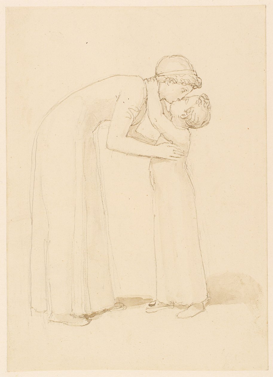 Een Vrouw Buigt Zich om een Kind te Kussen door John Flaxman