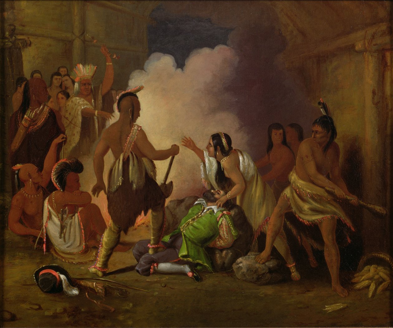 Pocahontas redt het leven van kapitein John Smith, c.1836-40 door John Gadsby Chapman