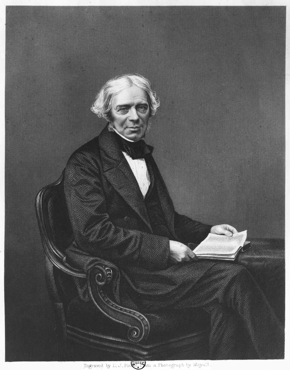 Portret van Michael Faraday (1791-1867) gegraveerd door D.J. Pound naar een foto door John Jabez Edwin Paisley Mayall