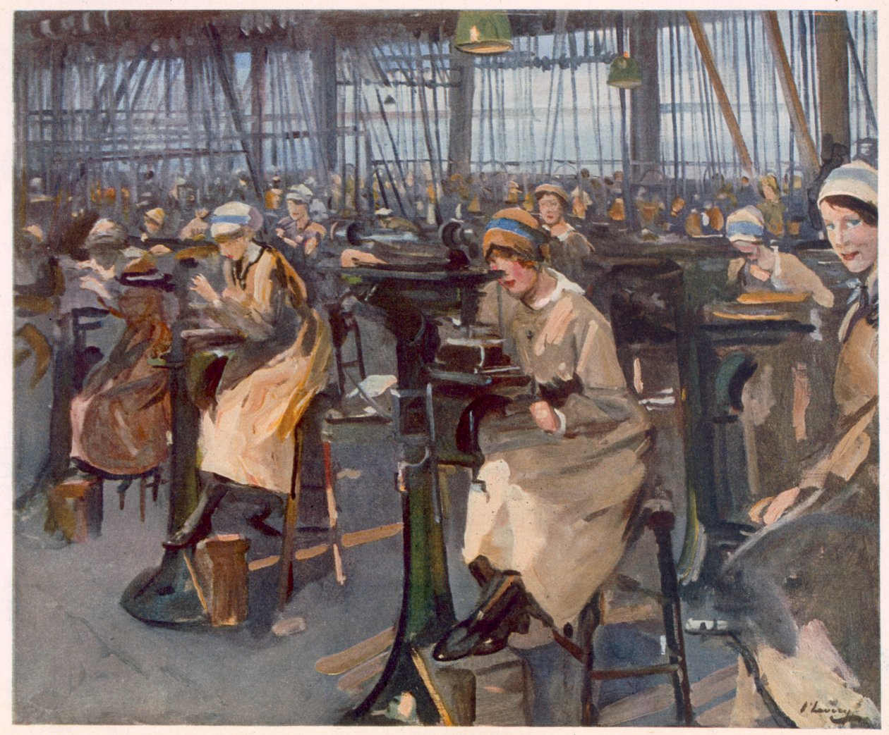 Vrouwen werken in fabriek, Newcastle, uit Britse kunstenaars aan het front, voortzetting van het westelijk front, 1918 door John Lavery