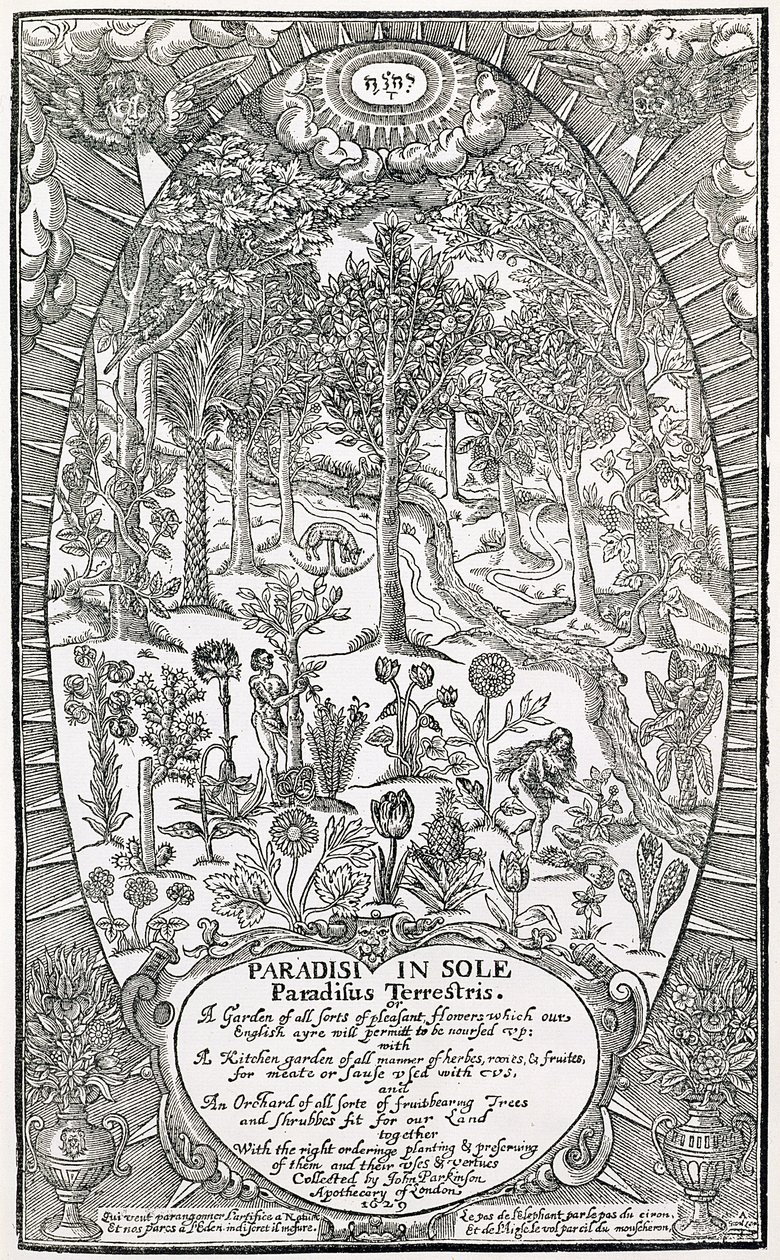 Titelpagina van Paradisi Sole; Paradisus Terrestris, 1629 door John Parkinson