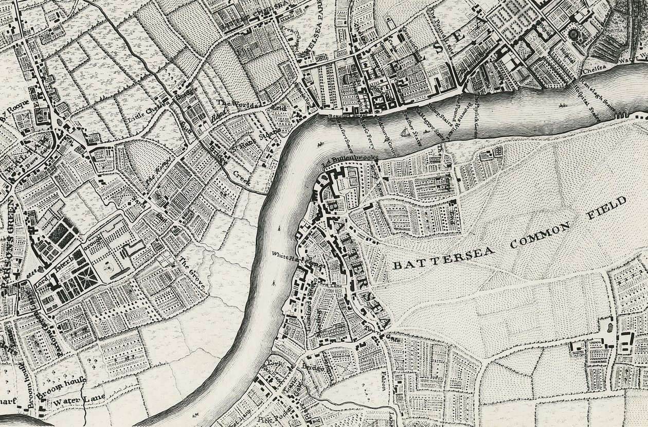 Kaart van Battersea & Chelsea, 1748 door John Rocque