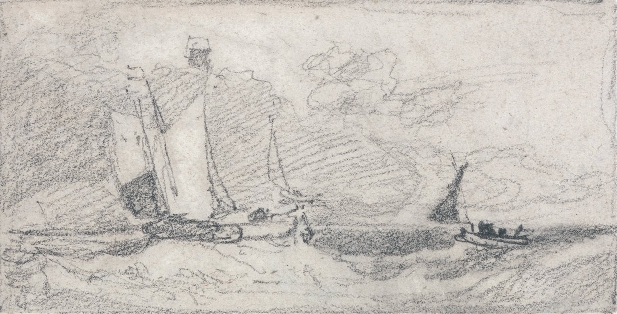 Zeilende wherries en boten in een woelige zee door John Sell Cotman