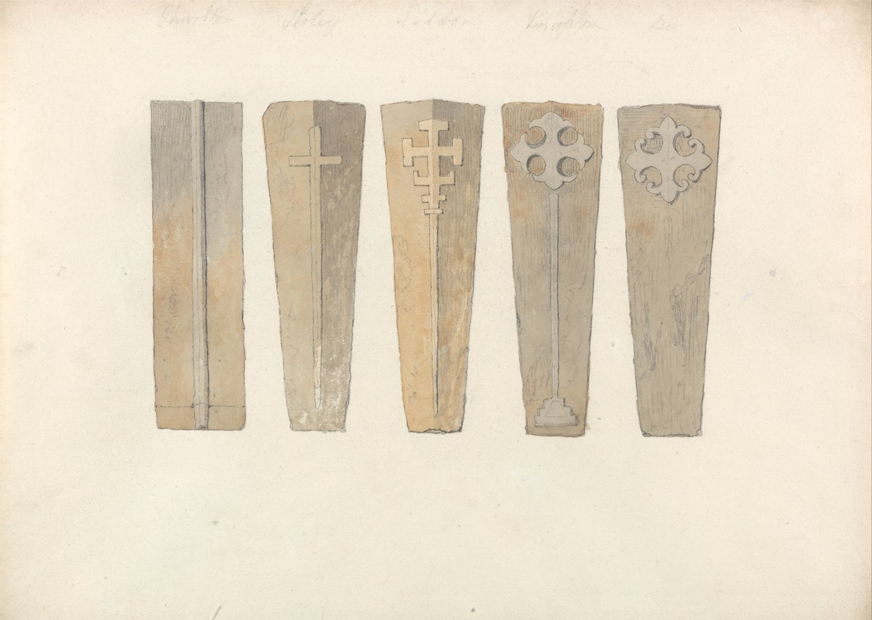 Studies van vijf doodskisten uit kerken in Norfolk door John Sell Cotman