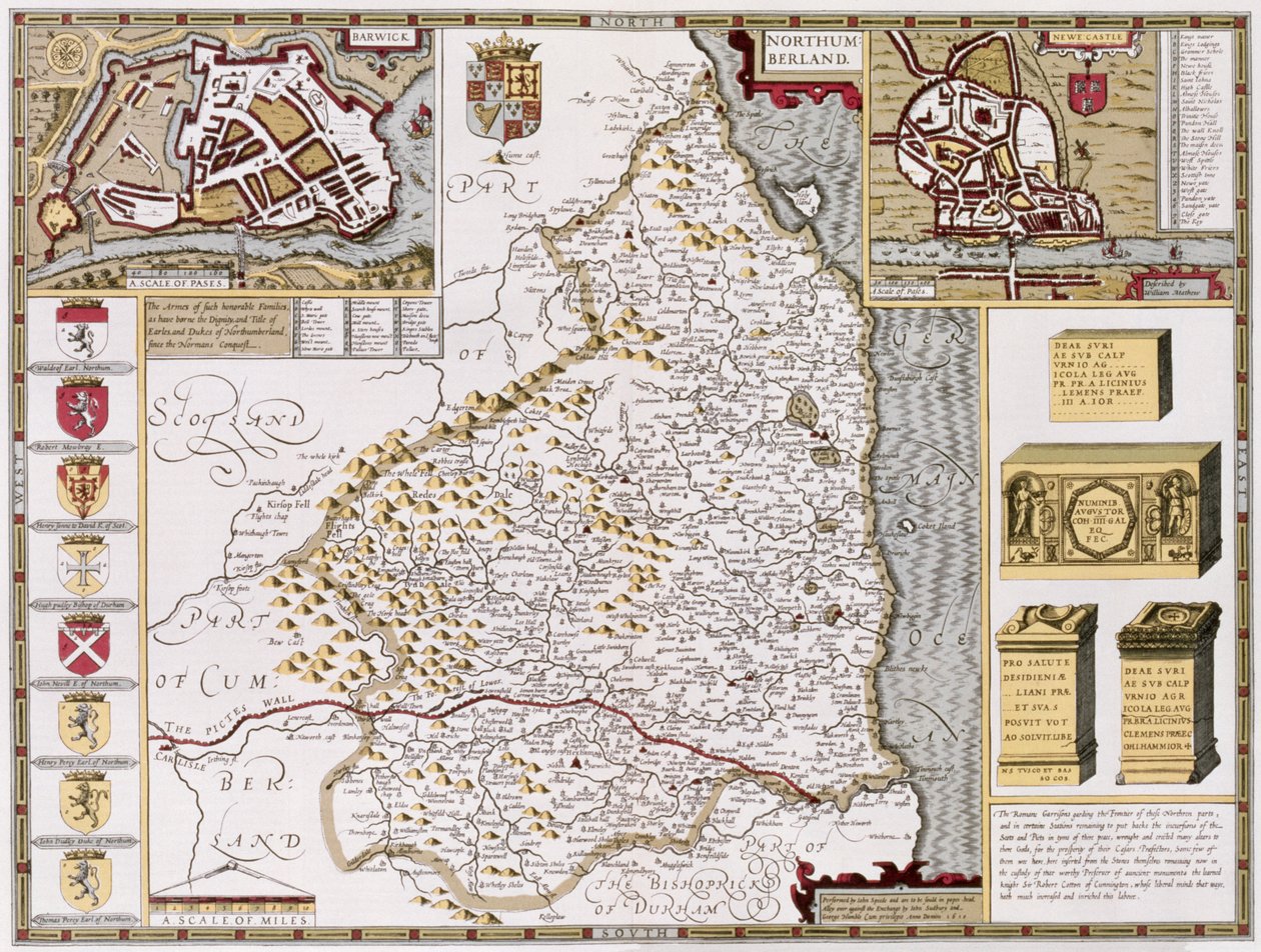Northumberland, gegraveerd door Jodocus Hondius (1563-1612) uit John Speed