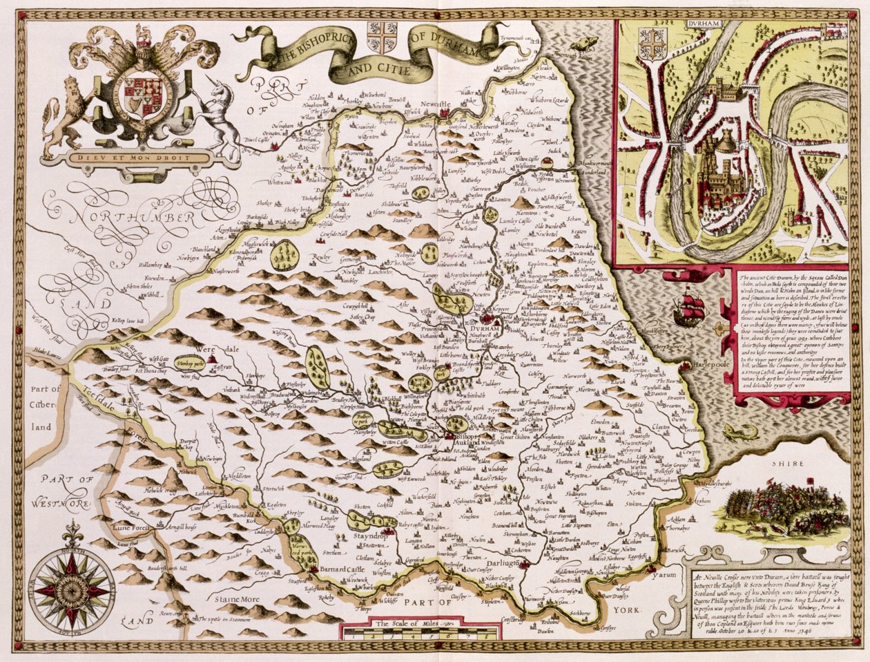 Het bisdom en de stad Durham, gegraveerd door Jodocus Hondius (1563-1612) uit John Speed