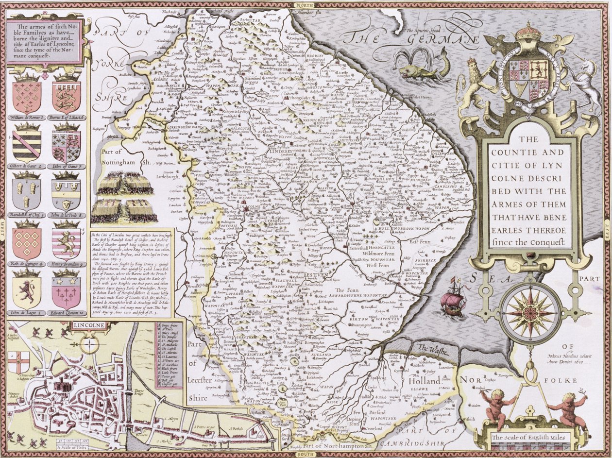De provincie en stad Lyncolne, gegraveerd door Jodocus Hondius (1563-1612) uit John Speed