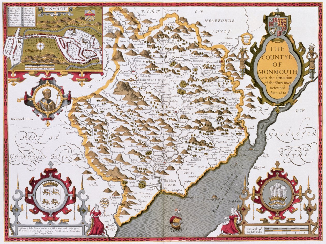 Het Graafschap Monmouth, gegraveerd door Jodocus Hondius (1563-1612) uit John Speed