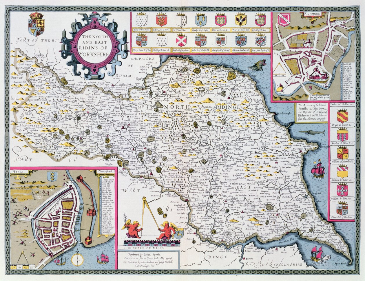 De Noord- en Oost-Ridings van Yorkshire, gegraveerd door Jodocus Hondius (1563-1612) uit John Speed
