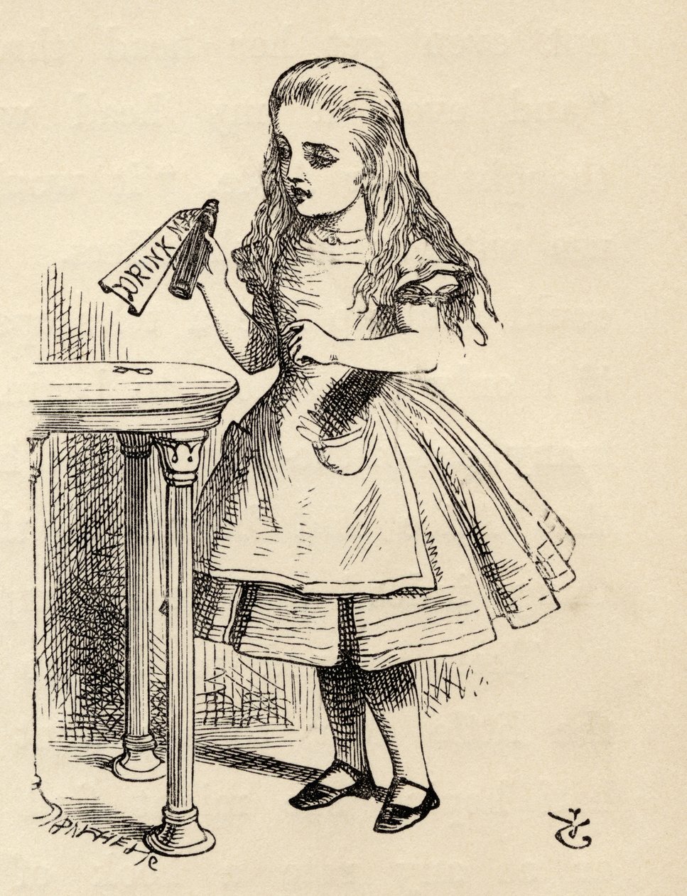 Alice kijkt naar de Drink Me-fles, uit 