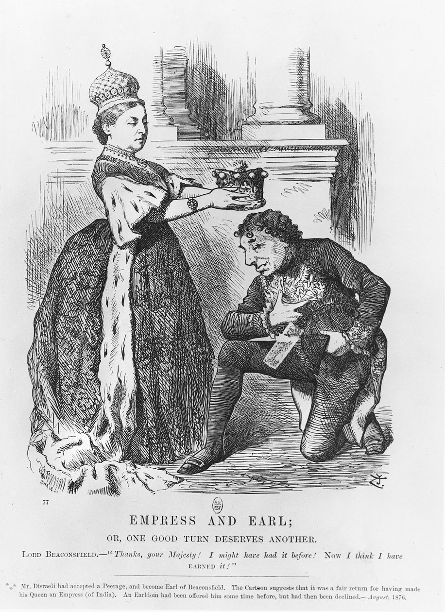 Disraeli kreeg een adellijke titel van Koningin Victoria in 1876 door John Tenniel