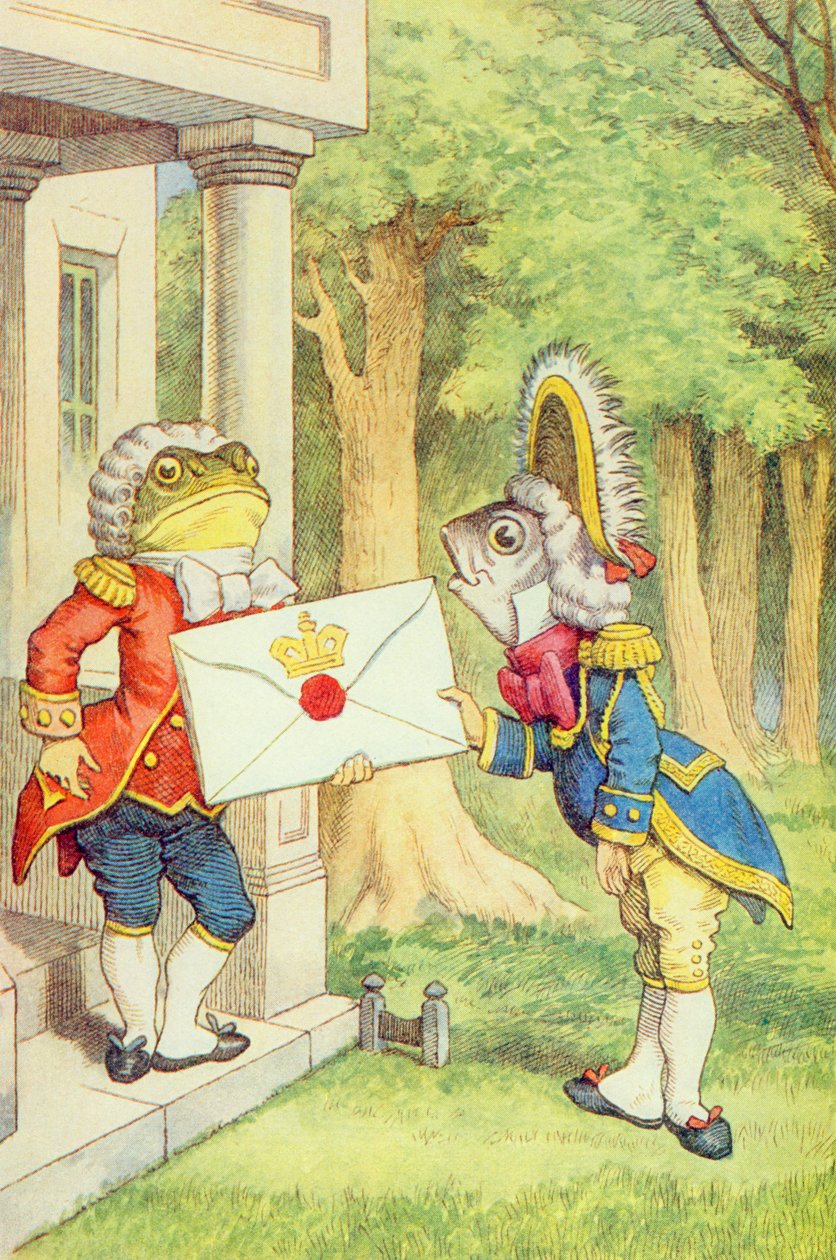 De vis-lakei die een uitnodiging aan de hertogin bezorgt, illustratie uit 