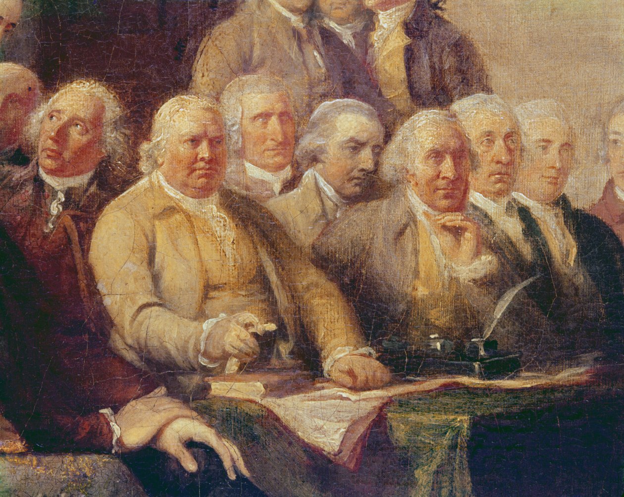 Het opstellen van de Onafhankelijkheidsverklaring, 28 juni 1776, ca. 1817 (detail) door John Trumbull