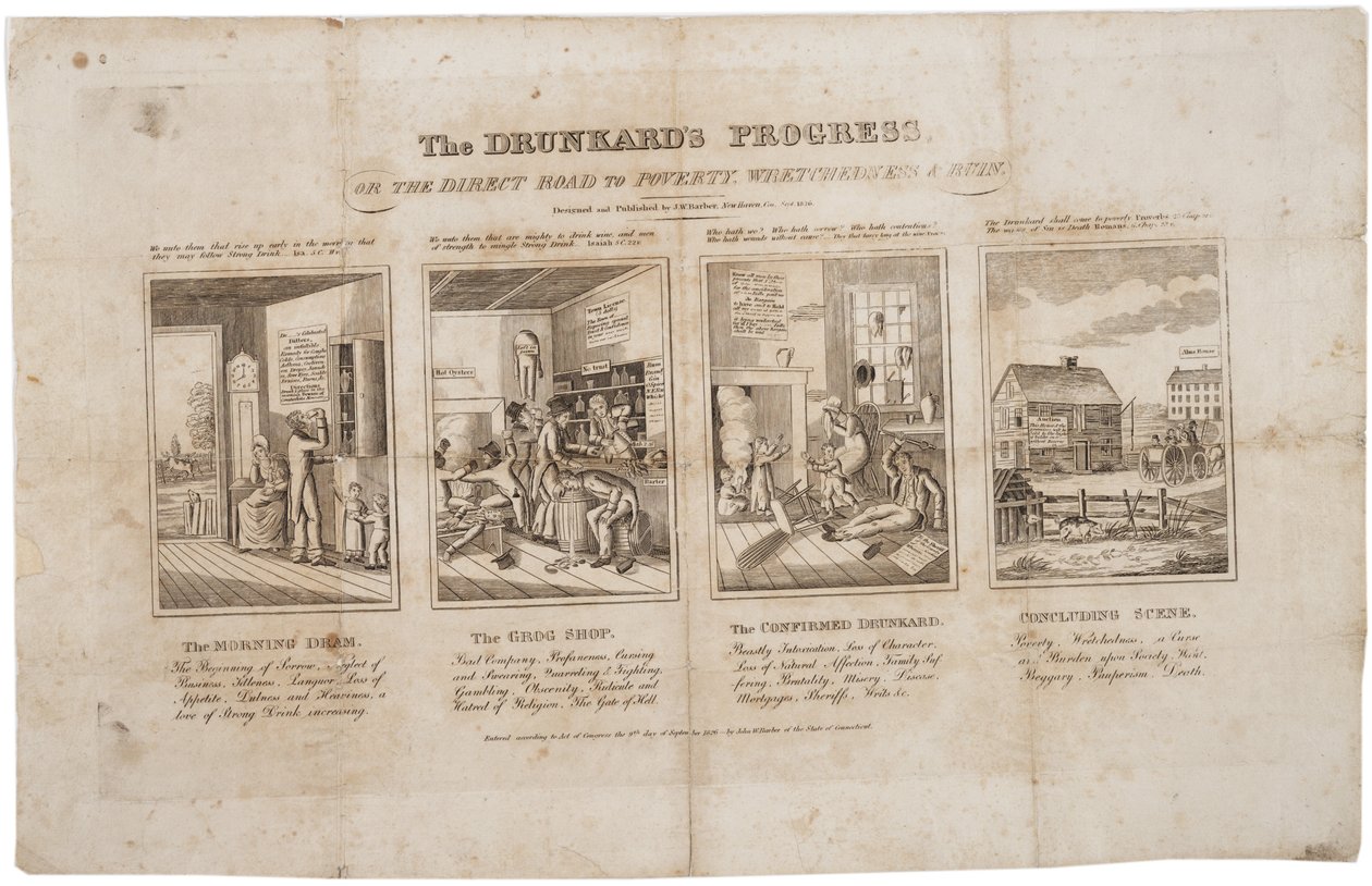 De vooruitgang van de dronkaard, of de directe weg naar armoede, ellende en ondergang, 1826 door John Warner Barber