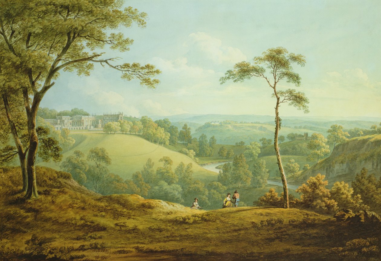 Het bisschoppelijk paleis, Auckland Castle, met de hertenkamp daarachter door John Warwick Smith