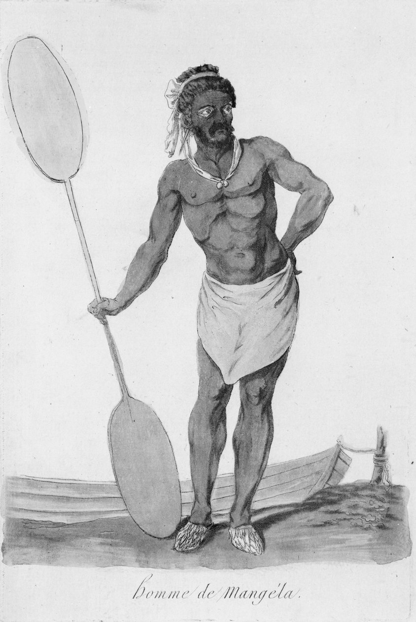 Staand portret van een man van Mangaia, Cookeilanden, met een peddel in zijn rechterhand door John Webber