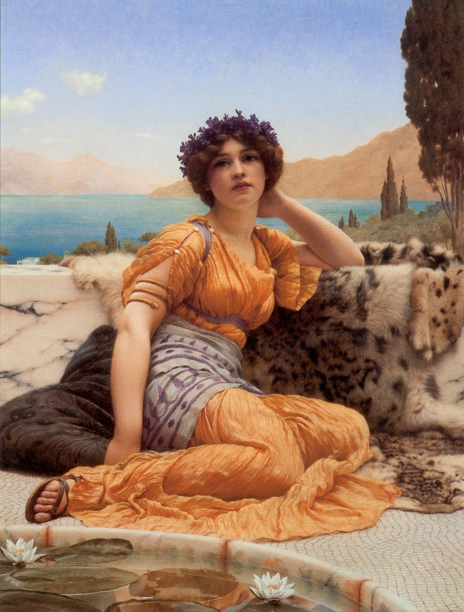 Met viooltjes omkranst en gewaad van saffraankleur door John William Godward