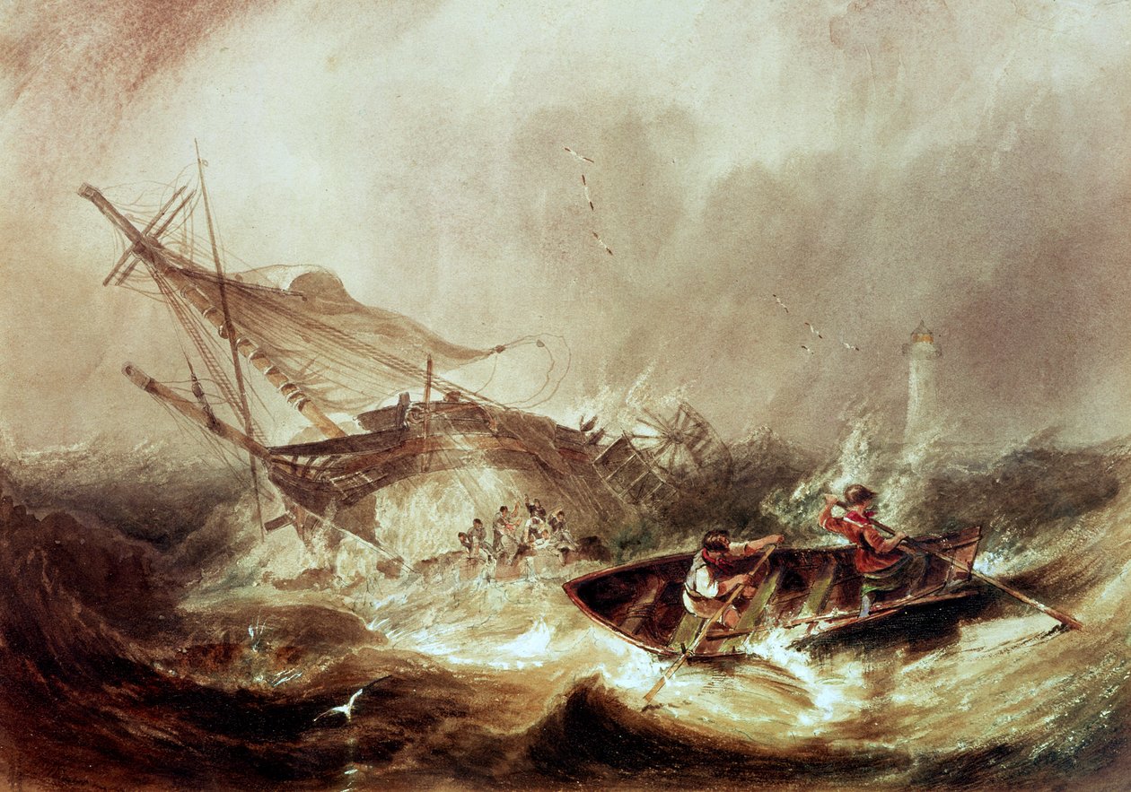 Roeien om schipbreukelingen te redden voor de kust van Northumberland door John Wilson Carmichael