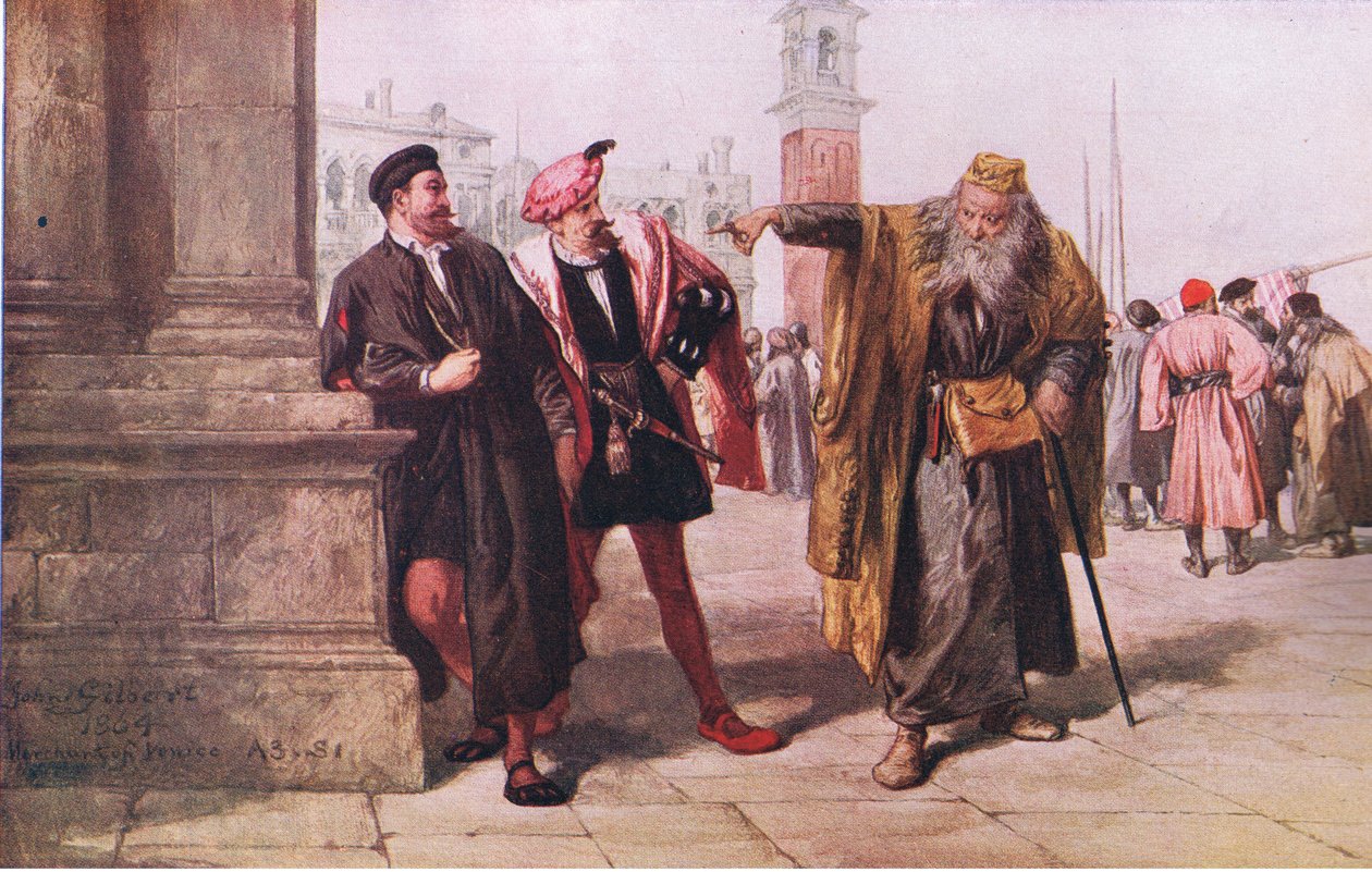 Shylocks antwoord aan Salanio en Salarino, Newnes Pictorial Knowledge Volume 7, 1950s door John after Gilbert
