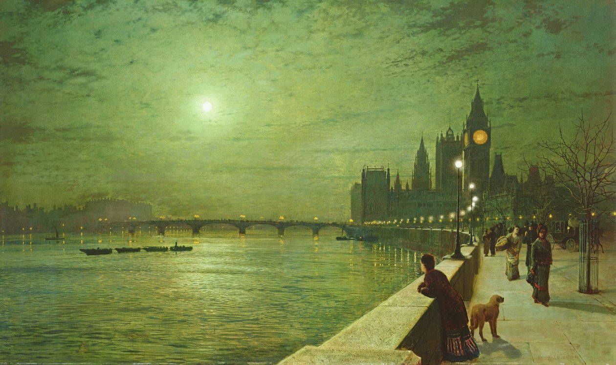 Lichtreflecties op de Theems bij Westminster door John Atkinson Grimshaw
