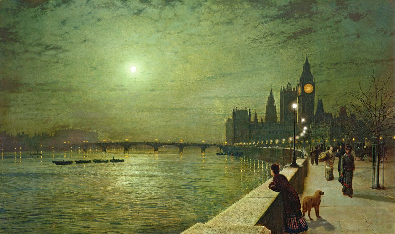 Bespiegelingen over de Theems, Westminster door John Atkinson Grimshaw