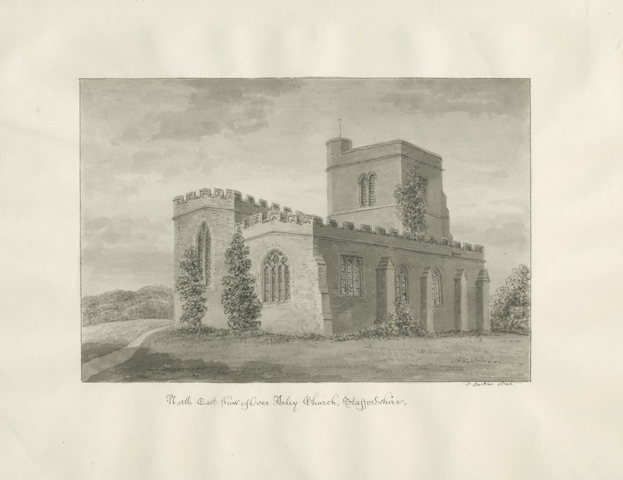 Arley Kerk: sepia tekening, 1846 door John Buckler