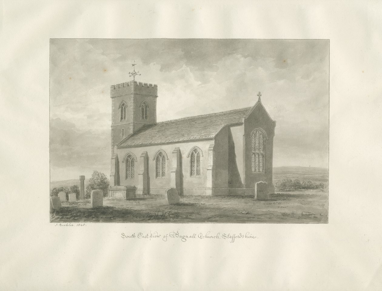 Bagnall Kerk: sepia tekening, 1848 door John Buckler