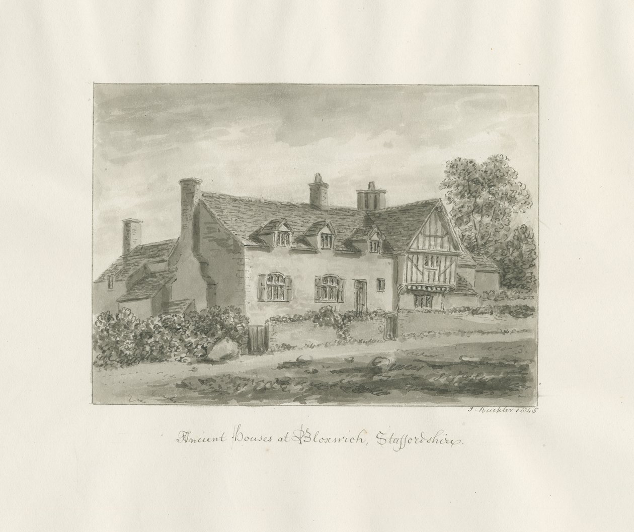 Bloxwich - oud huis: sepia tekening door John Buckler