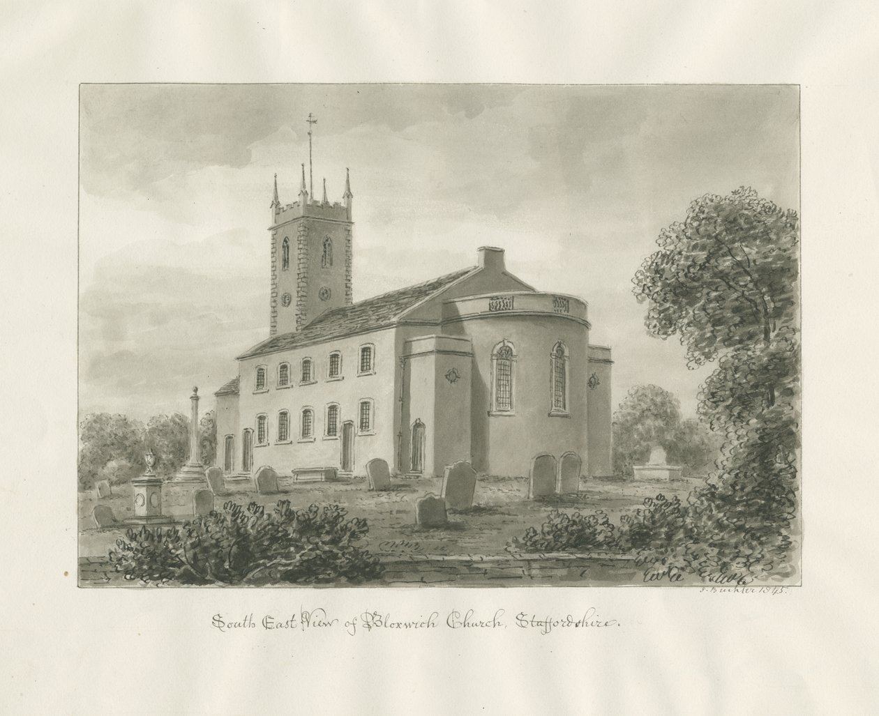 Bloxwich Kerk: sepia tekening door John Buckler