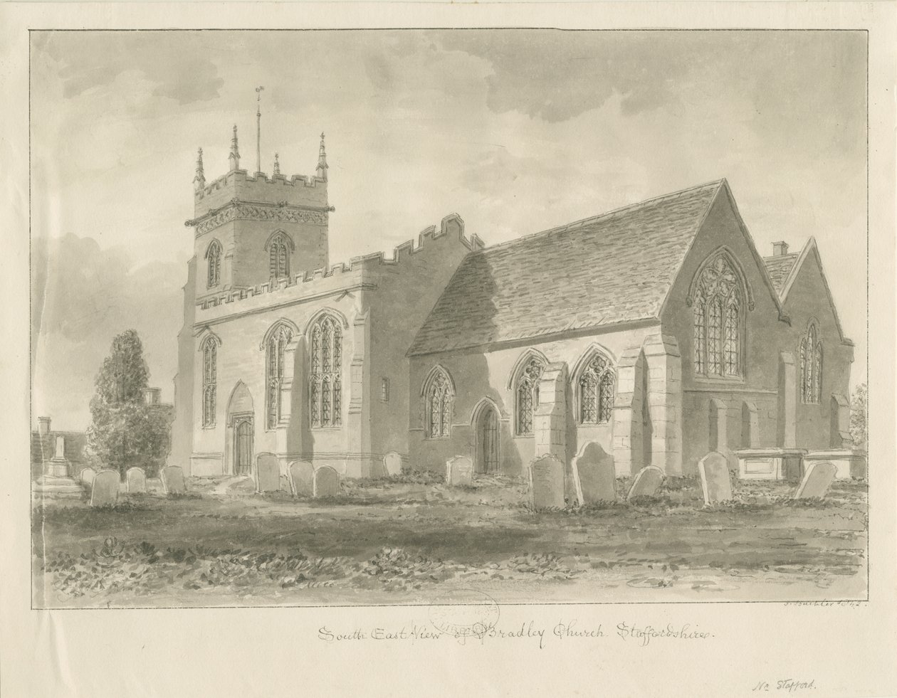 Bradley Kerk: sepia tekening, 1842 door John Buckler