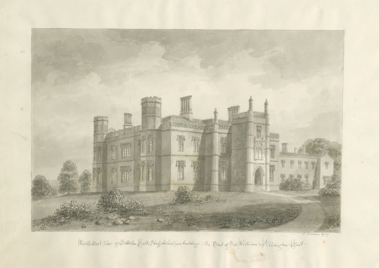 Butterton Hall: sepia tekening door John Buckler